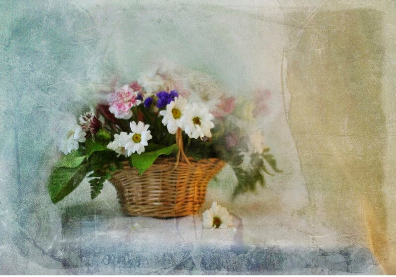 Wicker Basket with Flowers — White, Serene, Painting