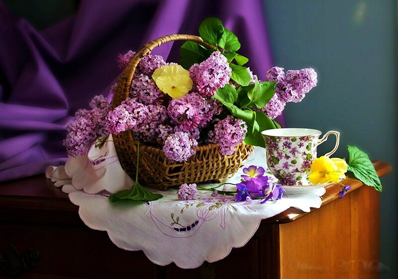 Wicker Basket with Lilacs — Purple, Serene, Photograph, Teacup