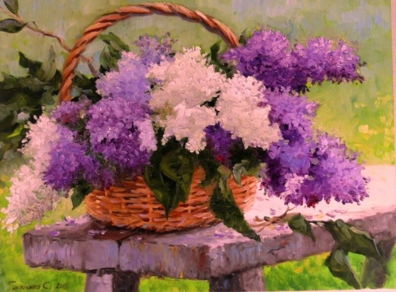 Wicker Basket with Lilacs — Purple, Serene, Spring, Painting