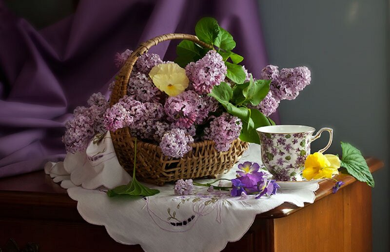 Wicker Basket with Lilacs — Purple, Serene, Spring, Photograph, Teacup