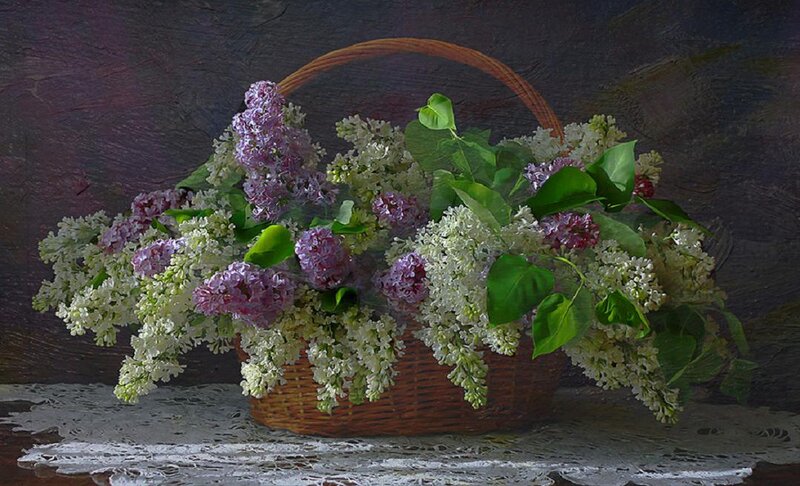 Wicker Basket with Lilacs — Purple