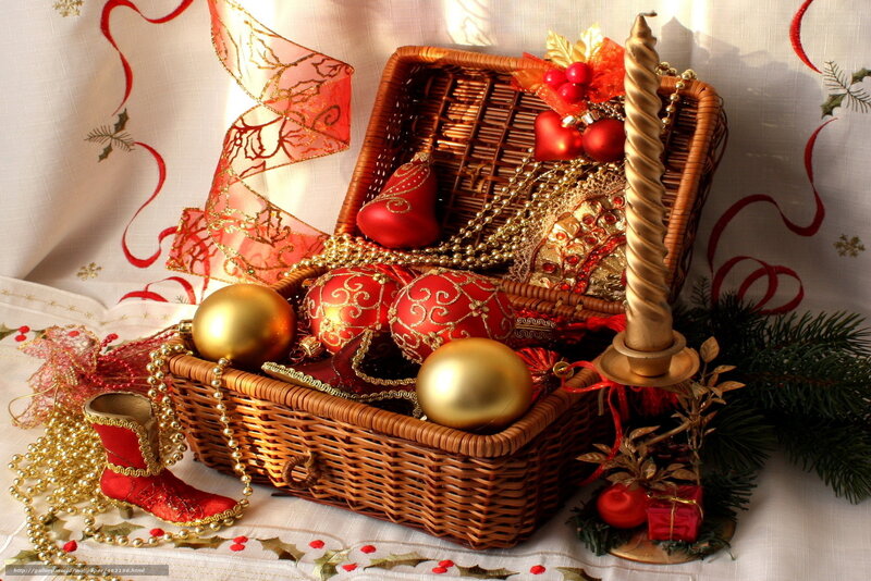 Wicker Basket with Ornaments — Red, Festive, Winter, Photograph, Candle, Ribbons