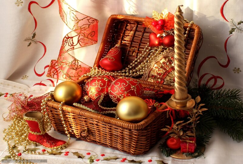 Wicker Basket with Ornaments — Red, Festive, Winter, Photograph