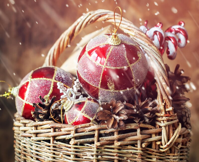 Wicker Basket with Ornaments — Red, Festive, Winter