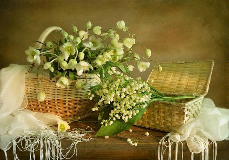 Wicker Baskets with Flowers — Brown
