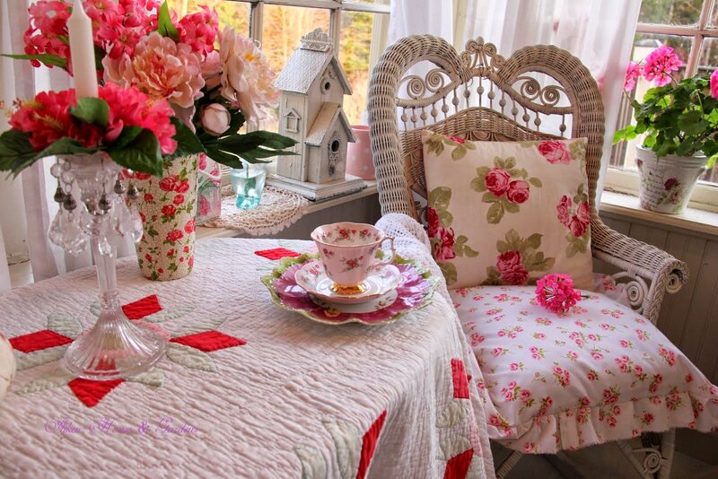 Wicker Chair with Floral Cushions