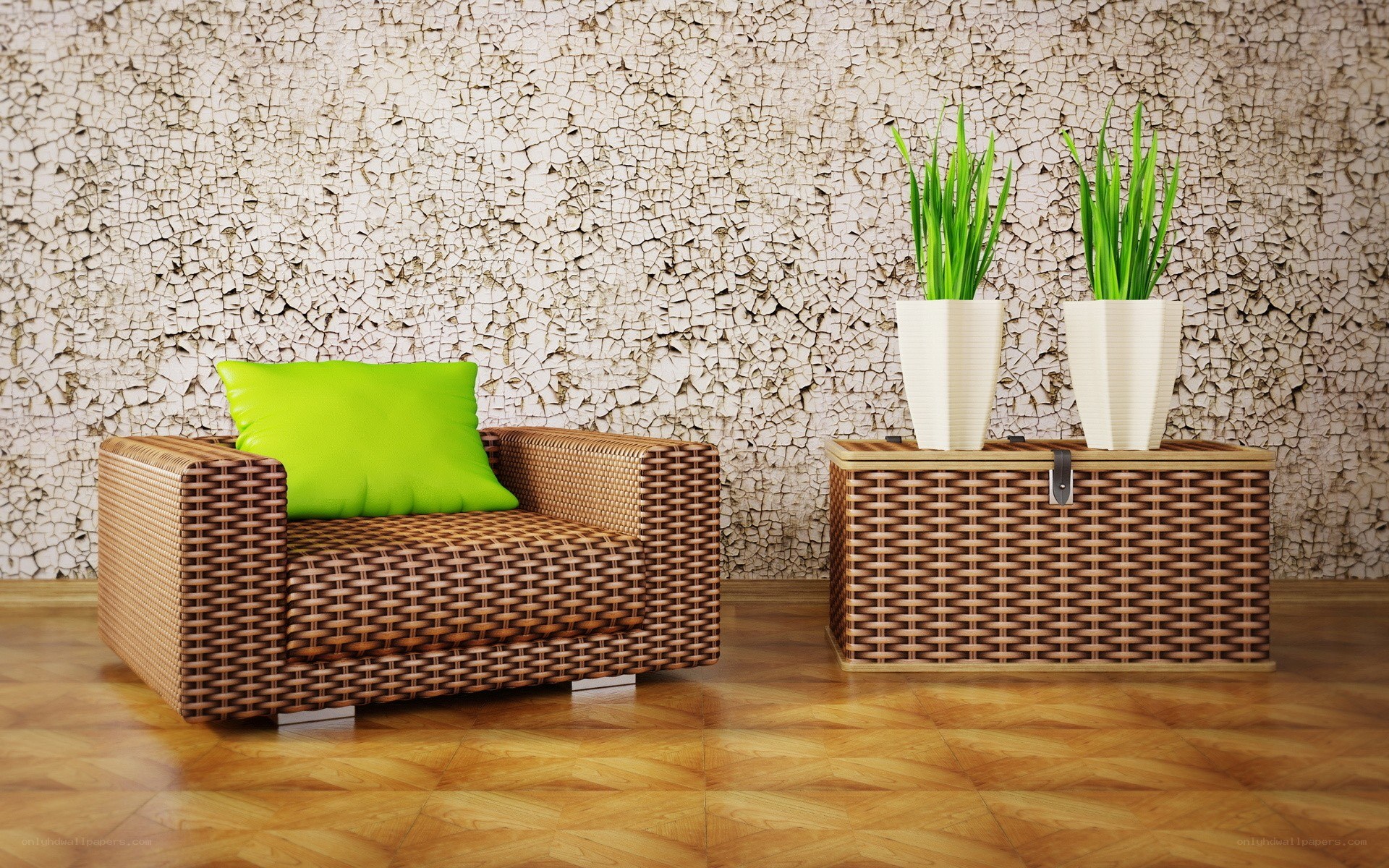 Wicker chair with green pillow