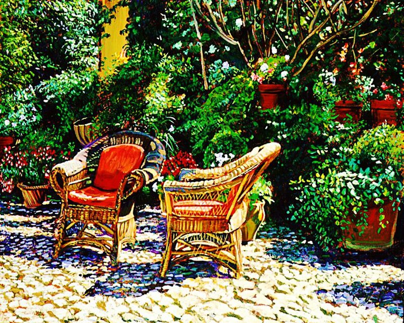 Wicker Chairs in Garden — Green, Serene, Afternoon, Painting