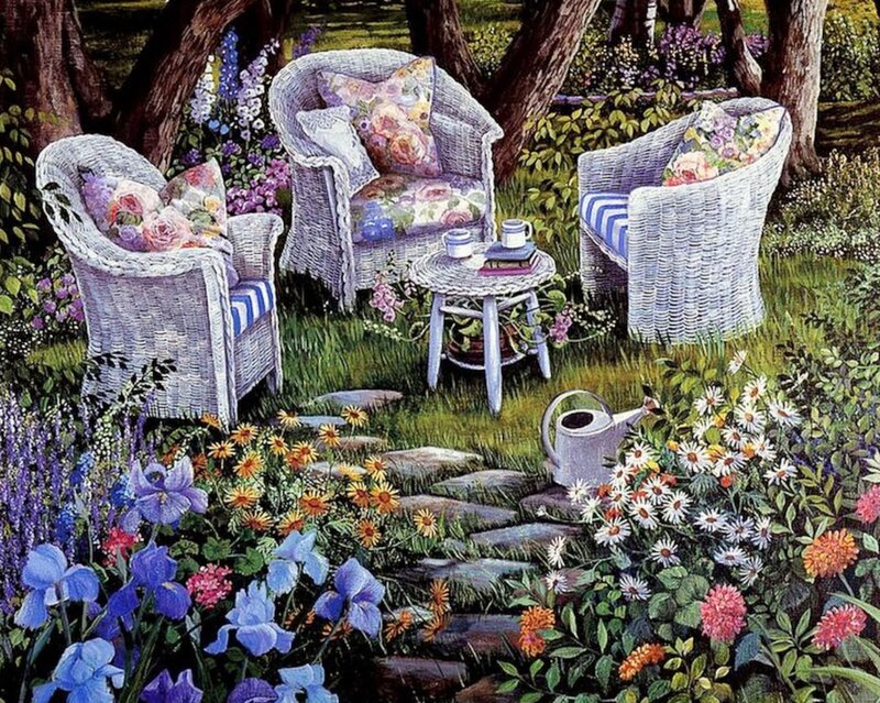 Wicker Chairs in Garden — Green, Serene, Afternoon
