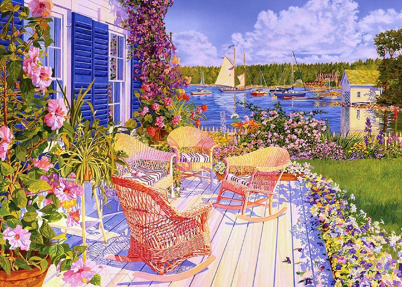 Wicker Chairs on Porch — Blue