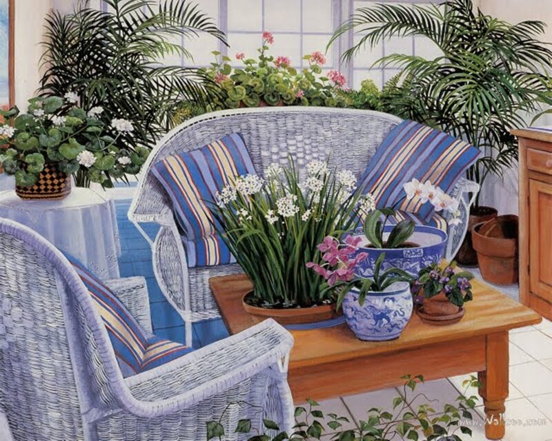 Wicker Furniture with Plants — Blue
