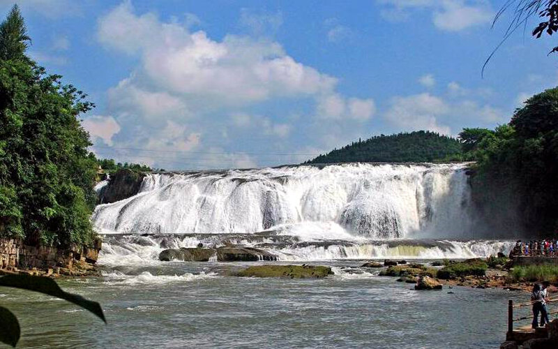Wide Waterfall Cascade — Blue, Serene, Afternoon