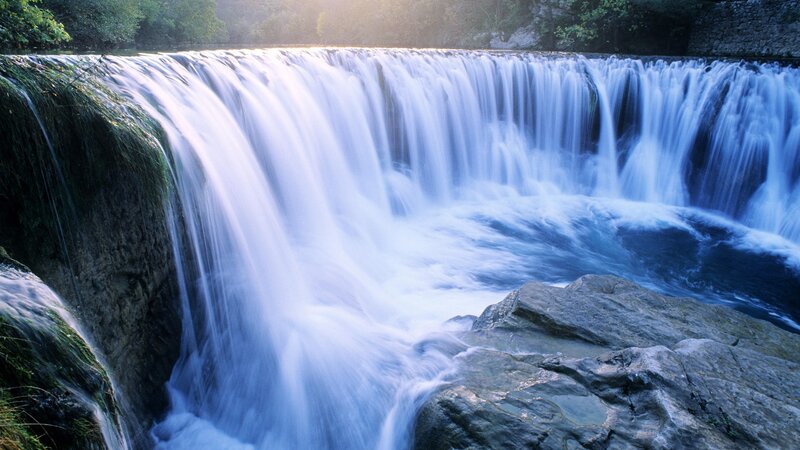 Wide Waterfall Cascade — Blue, Serene, Sunrise