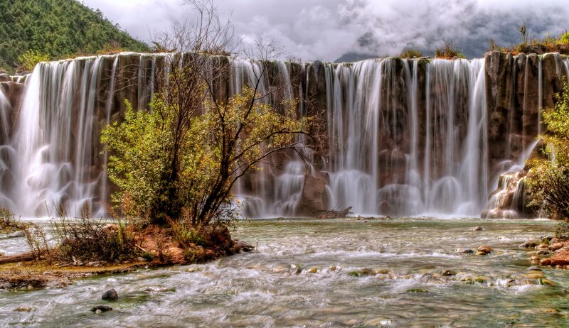 Wide Waterfall Cascade — Green, Dramatic, Photograph