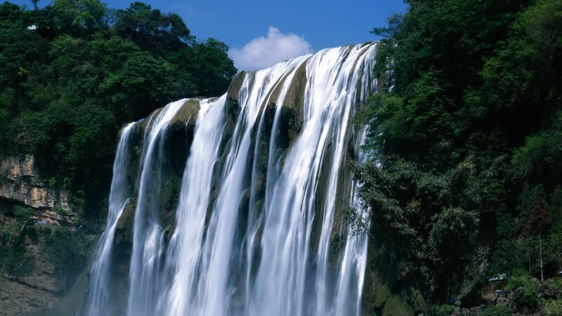 Wide Waterfall Cascade — Green, Serene, Afternoon, Photograph