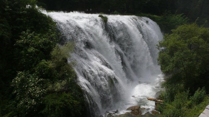 Wide Waterfall in Forest — Green, Natural