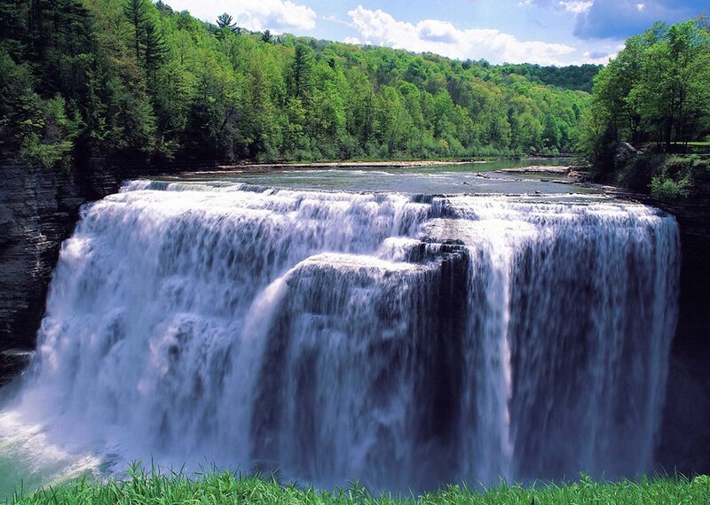 Wide Waterfall in Forest — Green, Serene, Summer