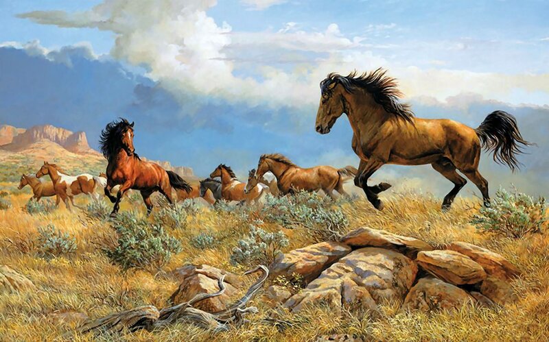 Wild Horses Running — Brown, Dynamic, Afternoon, Painting
