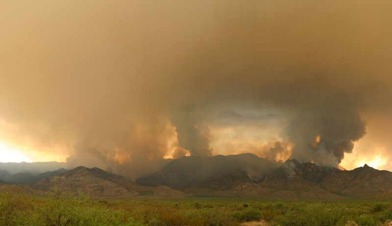 Wildfire smoke over mountains