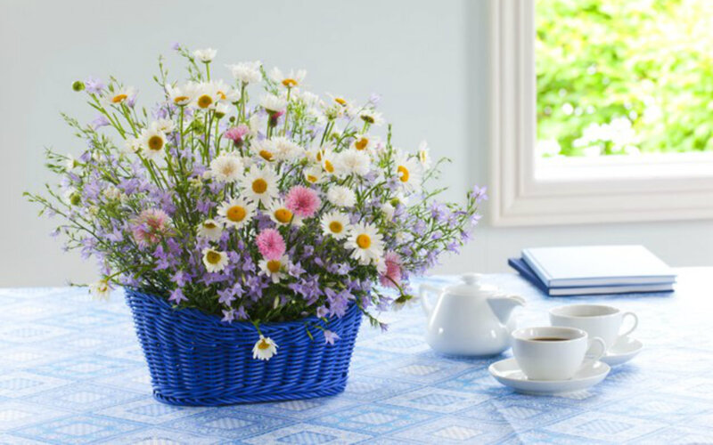 Wildflower Bouquet in Basket — Blue
