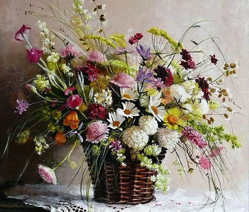 Wildflower Bouquet in Basket — White, Calm, Painting