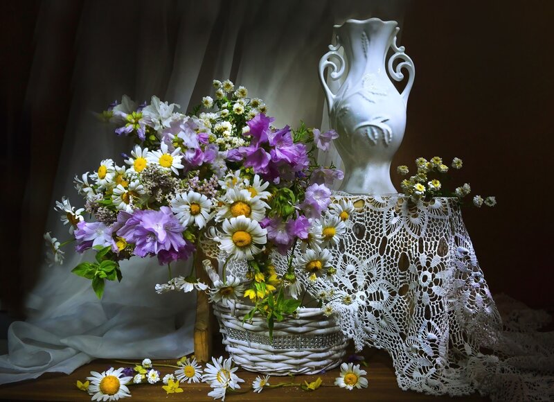 Wildflower Bouquet in Basket — White, Serene, Photograph