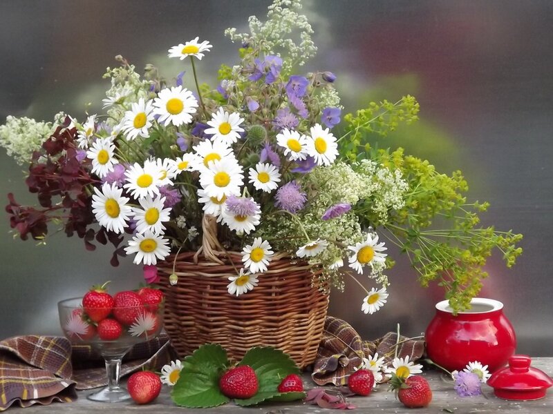 Wildflower Bouquet in Basket — White, Serene, Spring