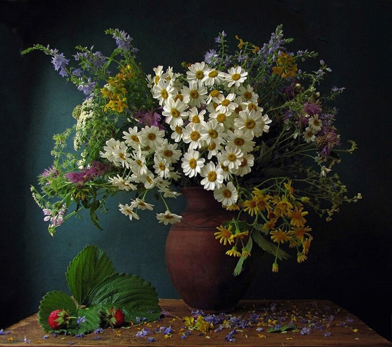 Wildflower Bouquet in Vase — Brown, Dramatic, Photograph