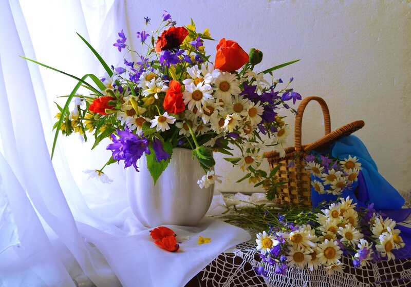 Wildflower Bouquet in Vase — White, Serene, Afternoon, Photograph