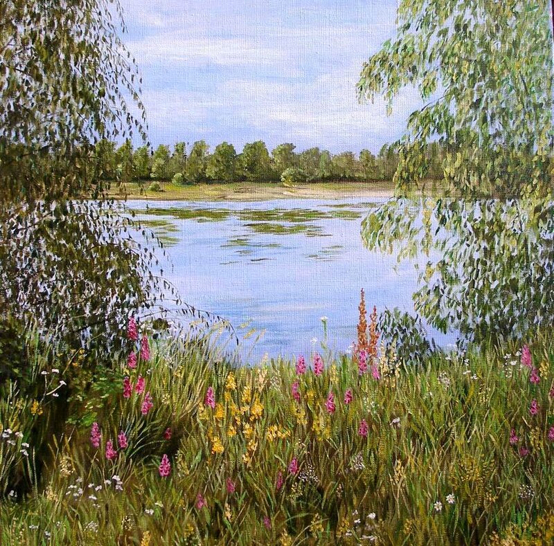 Wildflowers by a Lake — Green, Serene
