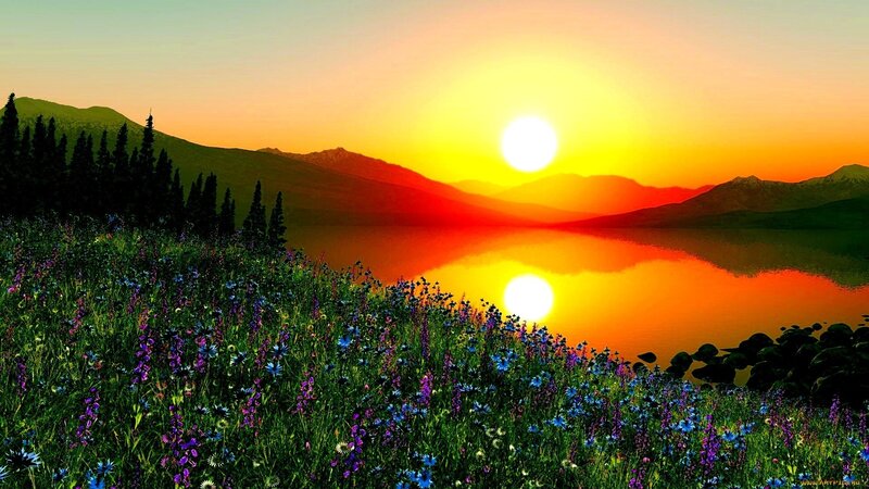 Wildflowers by Lake at Sunset — Orange, Serene, Digital Art, Mountains
