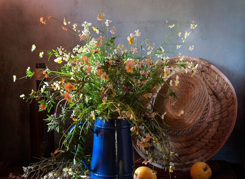 Wildflowers in a Blue Pitcher