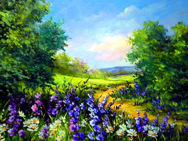 Wildflowers in a Field — Green, Serene, Afternoon, Painting