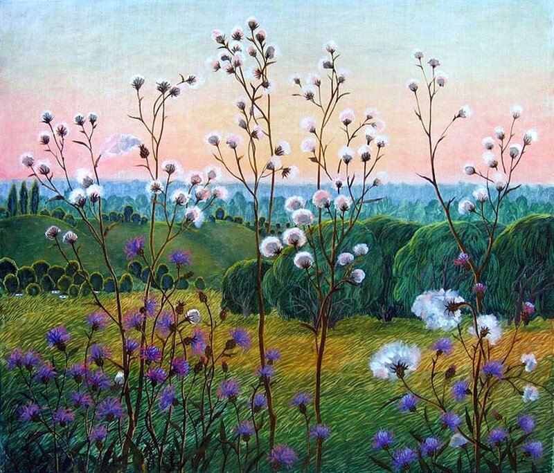 Wildflowers in a Field — Green, Serene, Sunset, Painting
