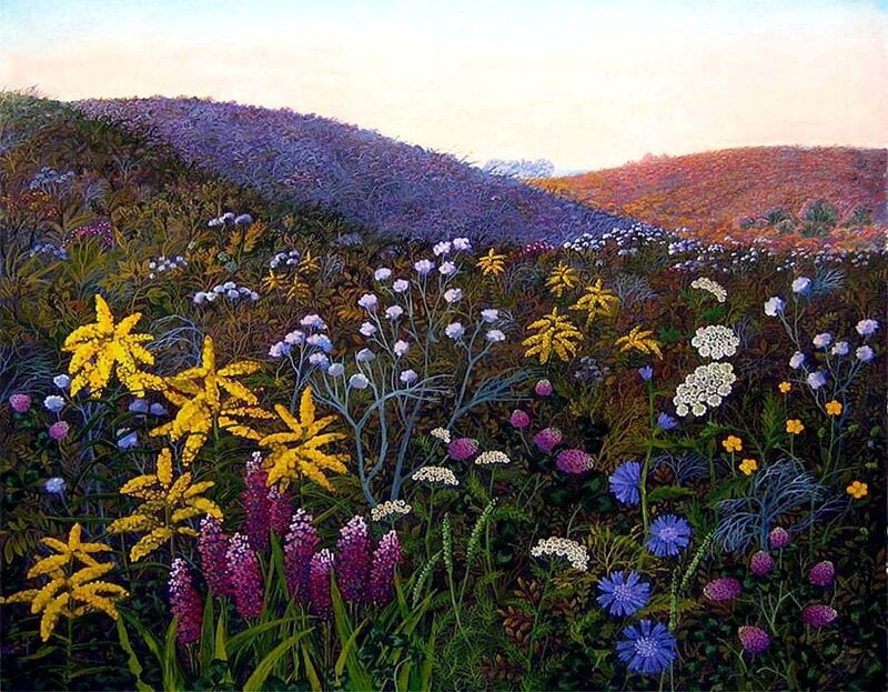 Wildflowers in a Field — Yellow, Serene, Sunset, Painting
