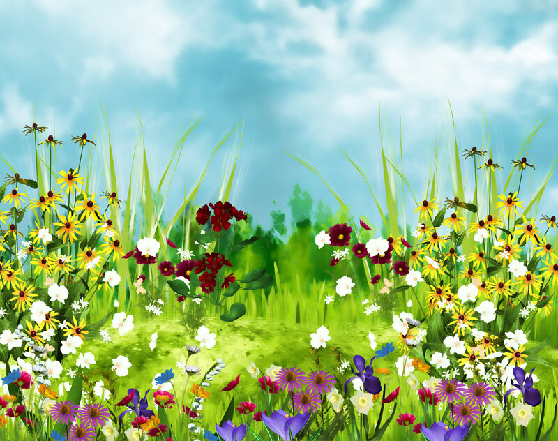 Wildflowers in a Meadow — Green, Serene, Afternoon, Digital Art