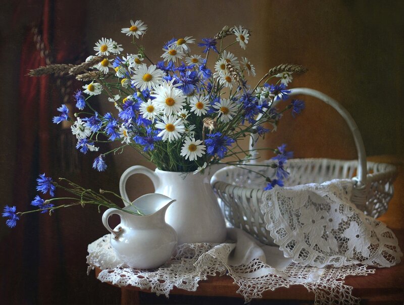 Wildflowers in a Pitcher — White, Serene