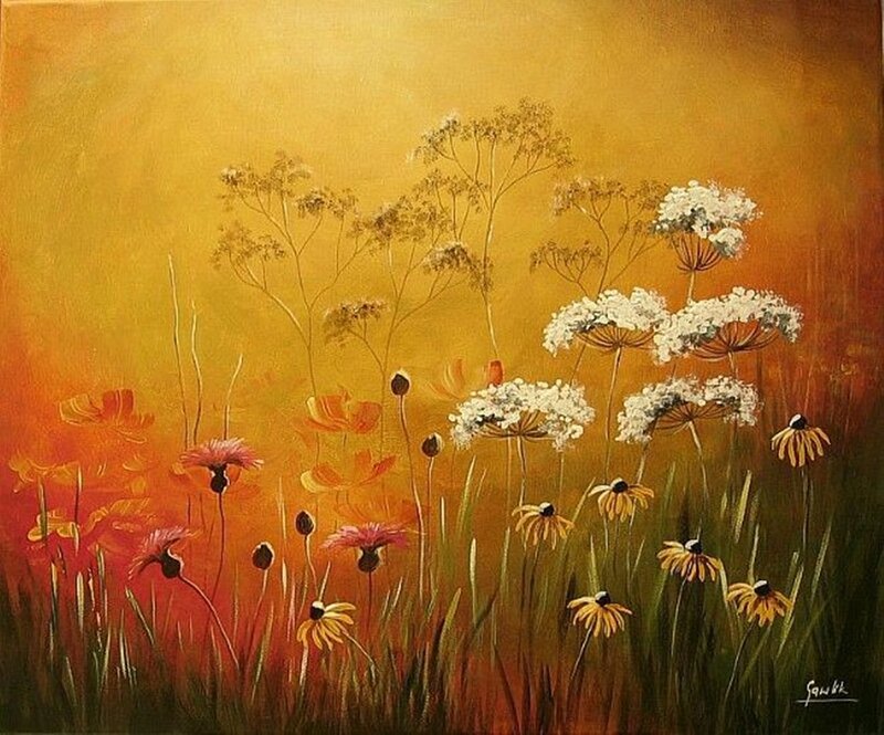 Wildflowers in Field — Yellow, Serene, Sunset, Painting