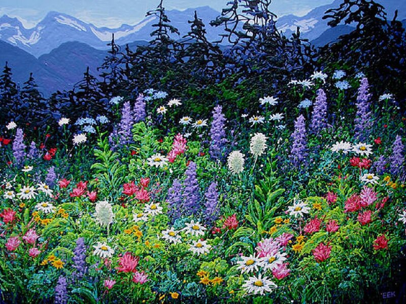 Wildflowers in Mountain Meadow — Green, Serene, Summer, Painting