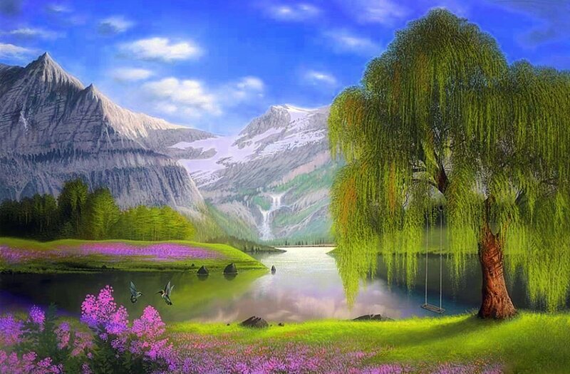 Willow Tree by Lake — Green, Serene, Spring