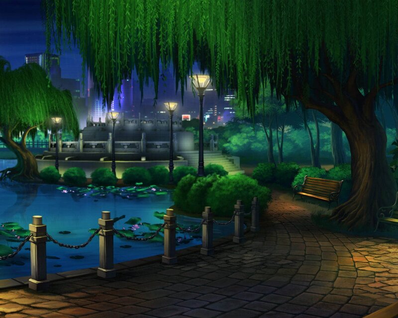 Willow Tree by Pond — Green, Serene, Night