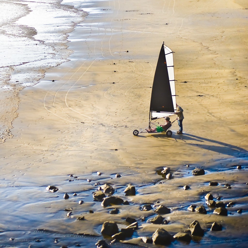 Wind-powered beach cart on shore