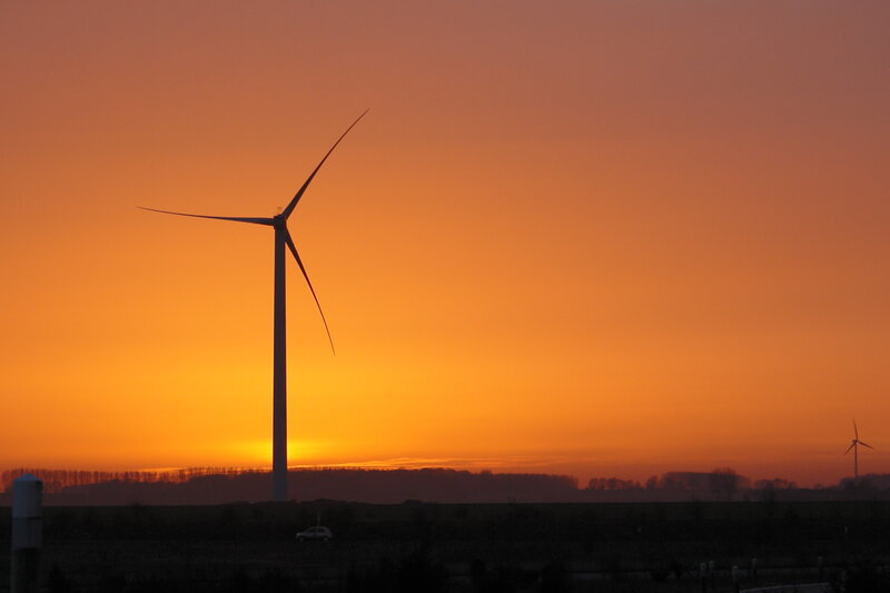 Wind Turbine at Sunset — Orange, Dramatic, Photograph