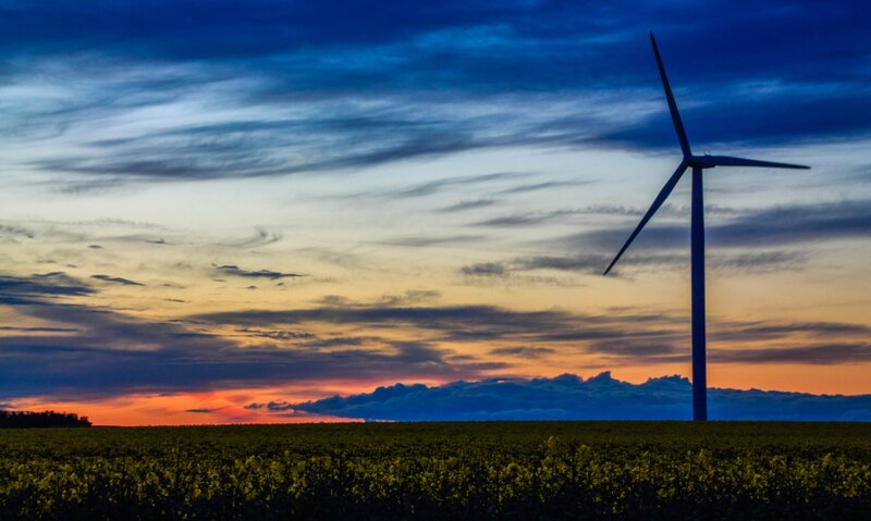 Wind Turbine in Field — Blue, Dramatic, Sunset