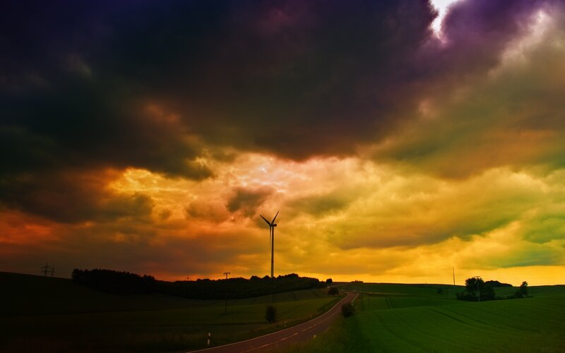 Wind Turbine in Field — Yellow, Dramatic, Sunset