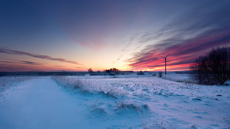 Wind Turbine in Snow — Blue, Serene