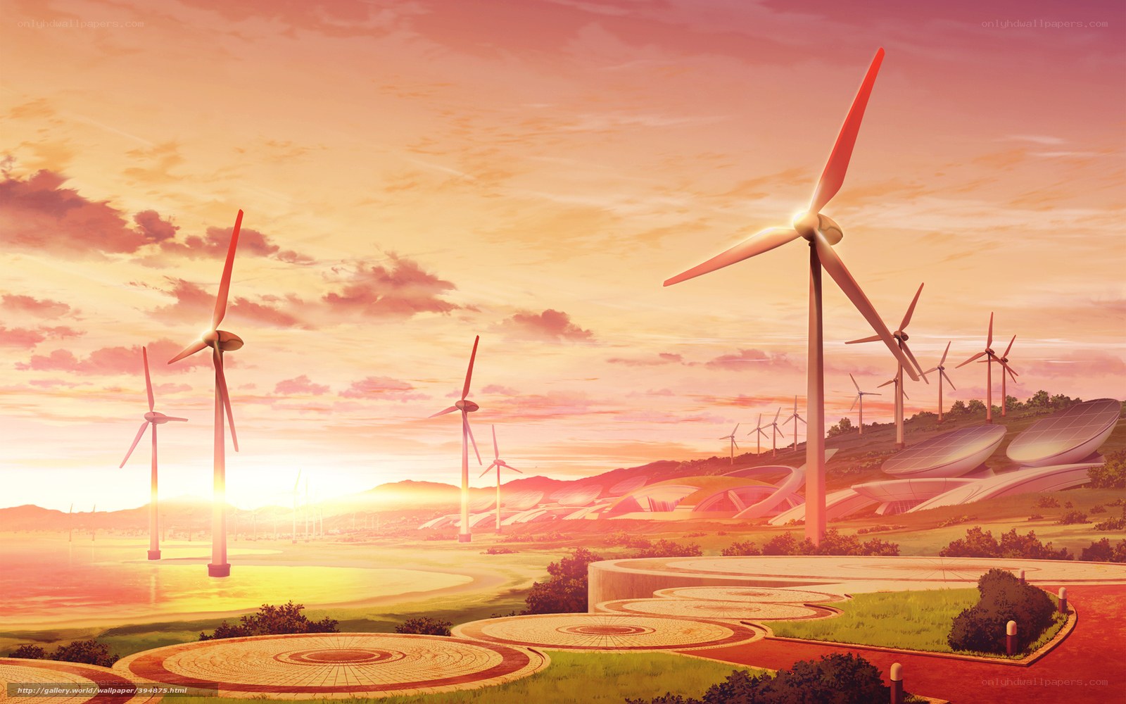 Wind turbines at sunset