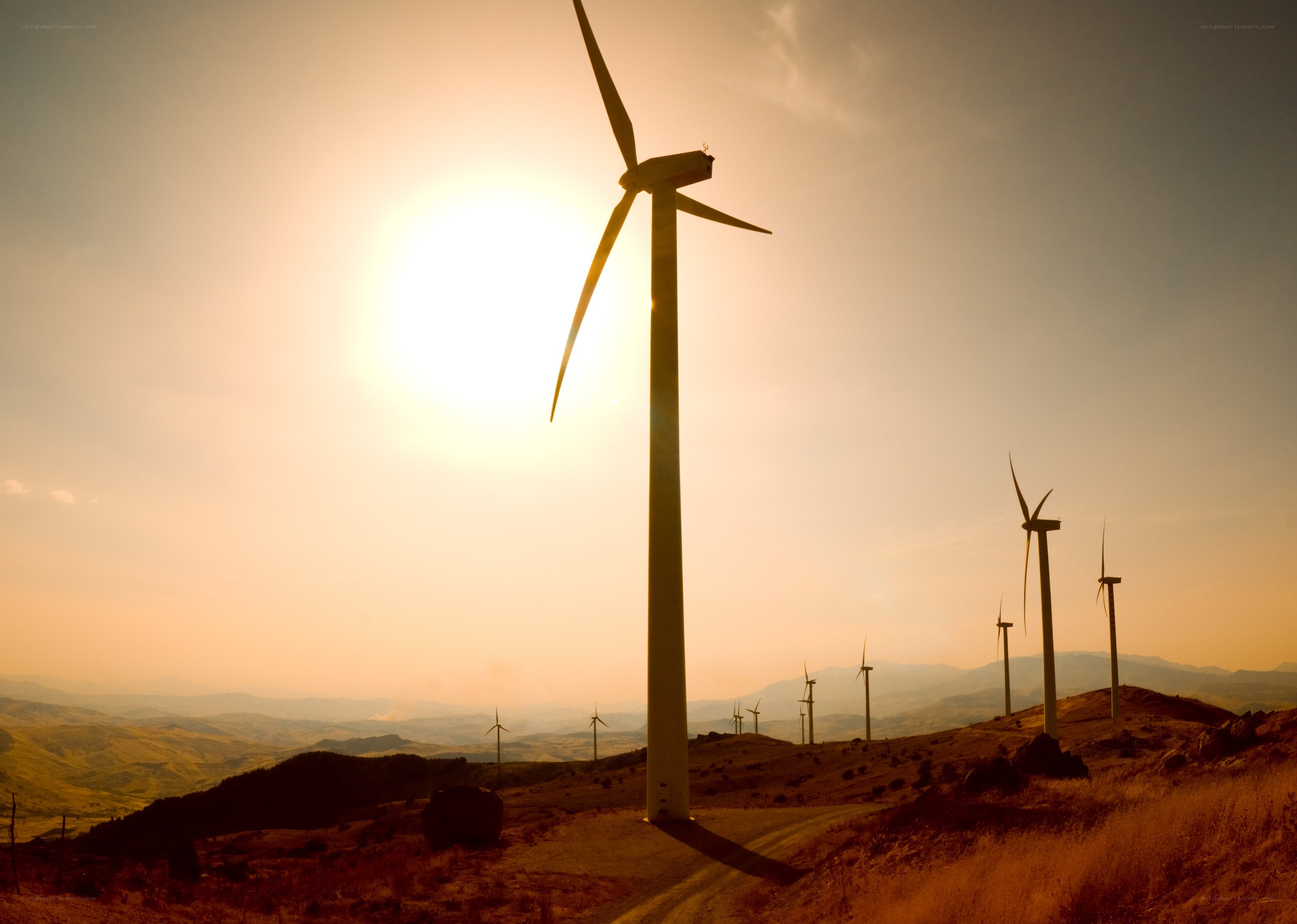 Wind turbines at sunset
