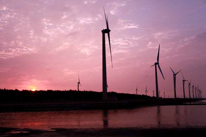 Wind turbines at sunset