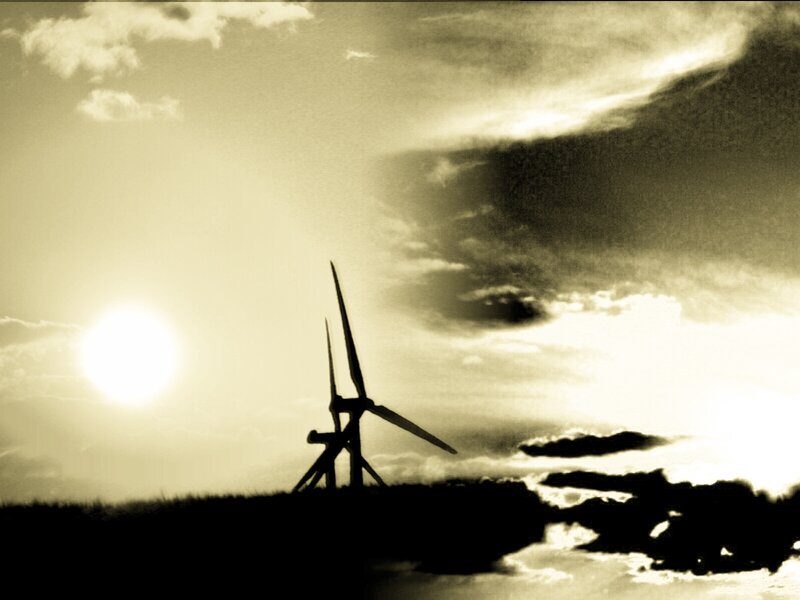 Wind turbines at sunset